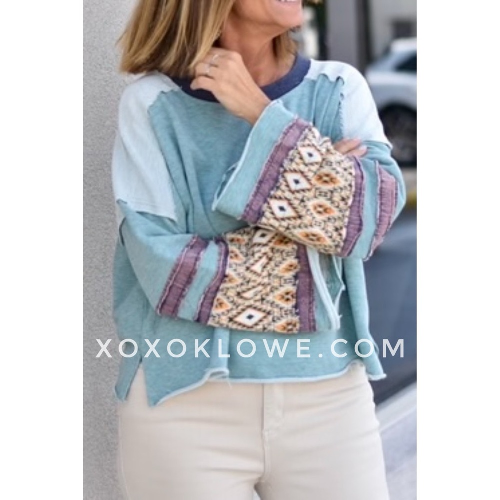 Oli & Hali Mixed Fabric Long Sleeve Top in Teal - Picture 9 of 10